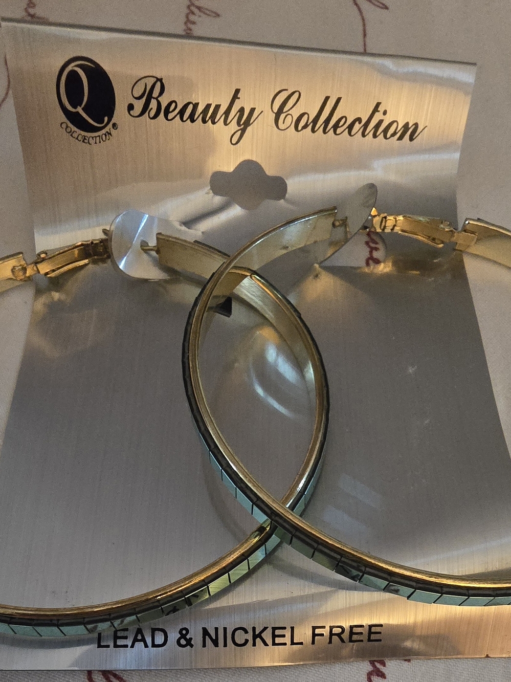 Gold Tone Hoop Earrings with Mint Inlay-NWT! - Picture 2 of 2